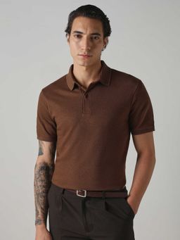Mufti - Men Dark Coffee Brown Textured Polo T-shirt