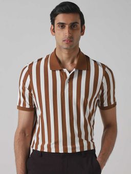 Mufti - Men Rich Brown Stripes Printed Polo T-shirt