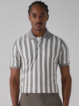 Mufti - Men Grey Stripes Printed Polo T-shirt