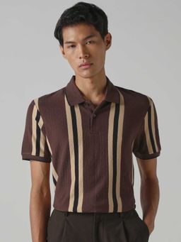 Mufti - Men Dark Brown Stripes Polo T-shirt