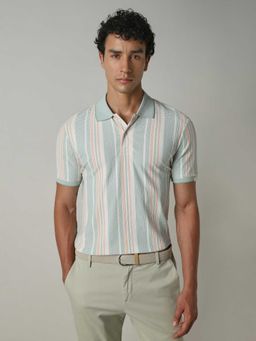 Mufti - Men Light Sage Green Stripes Polo T-shirt