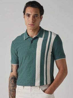 Mufti - Men Dark Sage Green Stripes Polo T-shirt