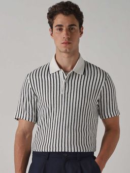 Mufti - Men White-Black Stripes Polo T-shirt