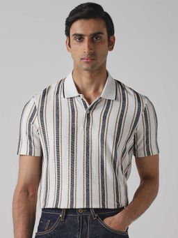 Mufti - Men Rich White-Navy Blue Stripes Polo T-shirt