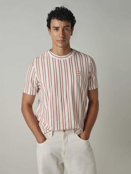 Mufti - Men Dusty Peach-White Stripes T-shirt