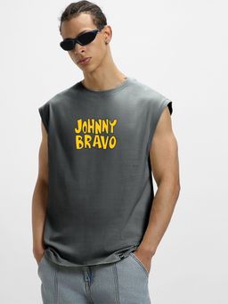 Bewakoof - Cartoon Network Men's Grey Johnny Bravo Graphic Printed Boxy Fit Vest