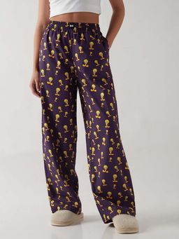 Bewakoof - Official Looney Tunes Women's Purple All Over Printed Wide Leg Pyjamas