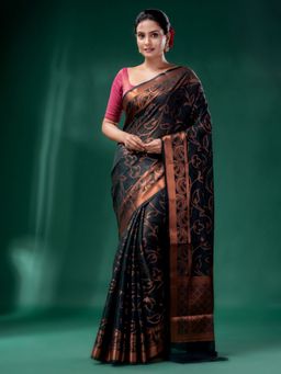 CHARUKRITI - Bottle Green Cotton Silk Saree with Woven Design with Unstitched Blouse