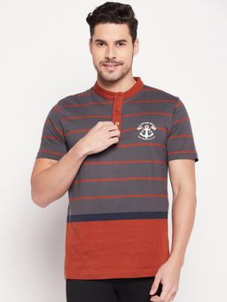 Club York - Men Rust Striped Henley Neck T-shirt