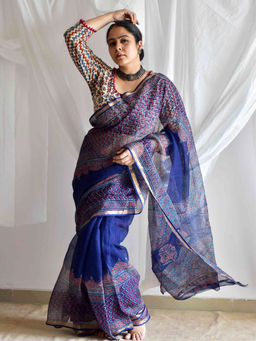 Sundarii - Dilkash Dabu Kota Printed Doria Saree with Unstitched Blouse