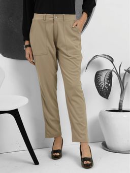 FITHUB - Women Beige Plain Standard Design High-Waisted Formal Pant