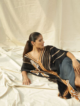 Kamaali Pret - Mehry Black Printed Kaftan Knee Length Dress