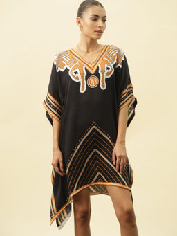 Kamaali Pret - Taamina Black Printed Kaftan Mini Dress