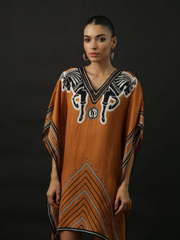 Kamaali Pret - Shirin Brown Printed Kaftan Mini Dress