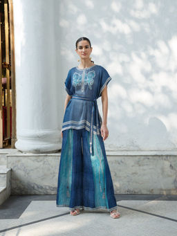 Kamaali Pret - Aahil Blue Printed Kaftan Top with Pant (Set of 2)