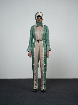 Kamaali Pret - Sievietes Green Colorblock Jumpsuit with Belt (Set of 2)