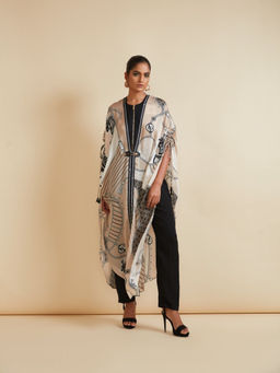 Kamaali Pret - Izyan Beige Printed Cape Top with Pant (Set of 2)