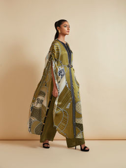 Kamaali Pret - Naimah Olive Printed Cape Top with Pant (Set of 2)