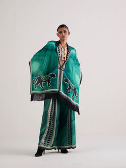 Kamaali Pret - Otesha Green Printed Cape Top with Pant (Set of 2)