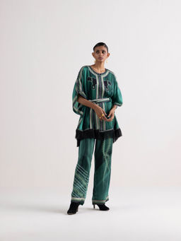 Kamaali Pret - Subira Green Printed Kaftan Top with Belt and Pant (Set of 3)