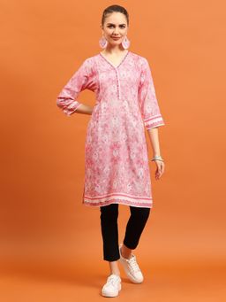 Shree - Women Rayon Pink Ornamental Printed Kurta