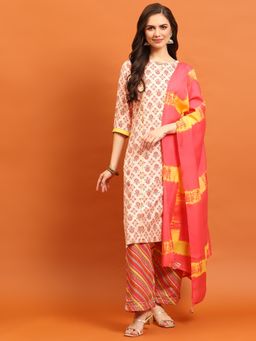 Shree - Women Muslin Coral Floral Printed Kurta With Trouser And Dupatta (Set Of 3)