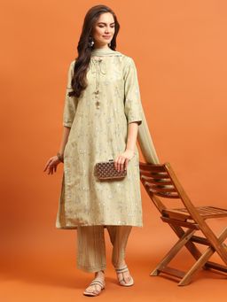 Shree - Women Poly Viscose Beige Floral Printed Kurta With Comfort Pant And Dupatta (Set Of 3)