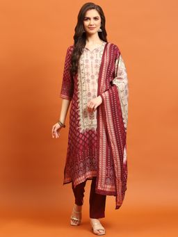 Shree - Women Muslin Maroon Floral Printed Kurta With Trouser And Dupatta (Set Of 3)