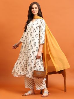 Shree - Women Rayon Mustard Floral Printed Kurta With Comfort Pant And Dupatta (Set Of 3)