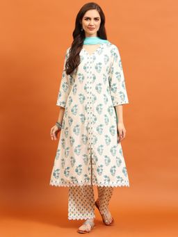 Shree - Women Rayon White Floral Printed Kurta With Comfort Pant And Dupatta (Set Of 3)