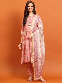 Shree - Women Rayon Pink Floral Printed Kurta With Trouser And Dupatta (Set Of 3)