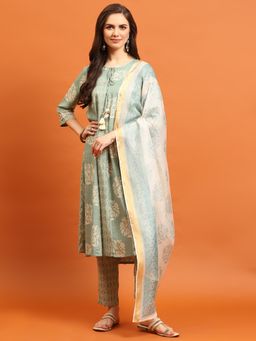 Shree - Women Rayon Green Floral Printed Kurta With Trouser And Dupatta (Set Of 3)