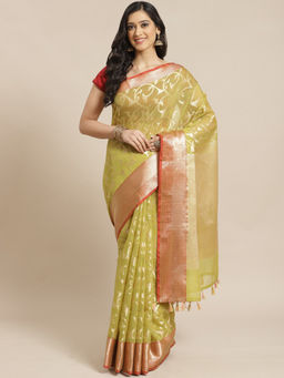 Indethnic - Banarasi Lime Green Woven Design Festive Wear Saree With Unstitched Blouse