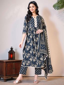 Gahan - Dark Blue Bagru Hand block Print Anarkali Kurta & Pant with Printed Dupatta