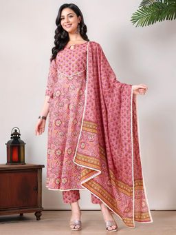 Gahan - Floral Pink Sanganeri Hand block print Anarkali Kurta & Pant with Dupatta