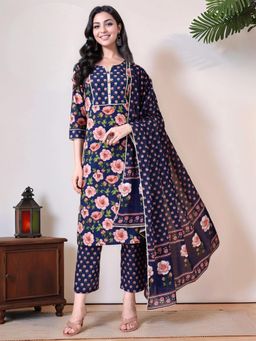 Gahan - Navy Blue Floral Bagru Hand Block Printed Straight Kurta & Pant With Dupatta
