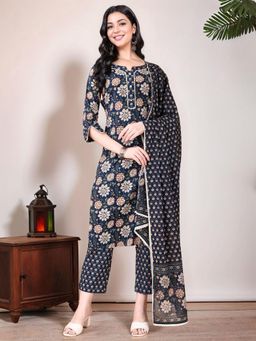 Gahan - Dark Blue Bagru Hand Block Floral Printed Straight Kurta & Pant with Dupatta