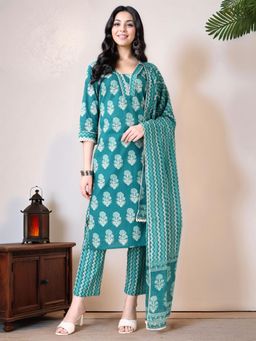 Gahan - Turquoise Blue Dabu Hand Block Floral Printed Straight Kurta & Pant with Dupatta