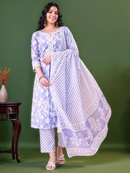 Gahan - Bagru Hand Block Printed Lavender & White Straight Kurta & Pant with Dupatta
