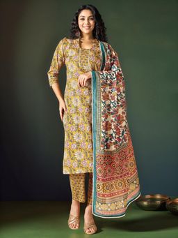 Gahan - Yellow Sanganeri Hand Block Print Kantha Work Straight Kurta & Pant with Dupatta
