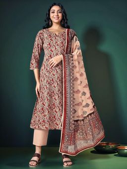Gahan - Maroon Ajrakh Hand Block Printed Kantha Work A-Line Kurta & Pant with Dupatta
