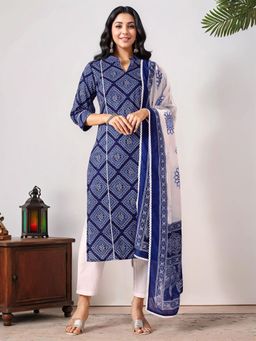 Gahan - Blue Indigo Hand Block Printed Straight Kurta & Pant with Cotton blend Dupatta
