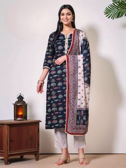 Gahan - Navy Blue Crosio Lace Detailing Kurta & Pant with Digital Printed Dupatta