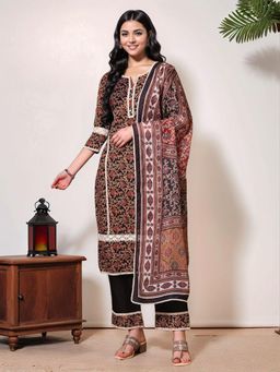 Gahan - Black Screen-Printed Pure Cotton Kurta & Pant with Crosio Lace & Printed Dupatta