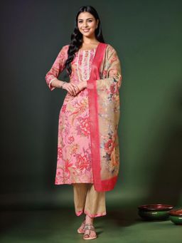 Gahan - Pink Digital-Printed Pure Cotton Kurta & Pant with Printed Dupatta