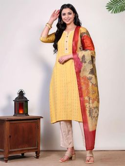 Gahan - Yellow Handloom Kurta & Pant with Crosio Lace Detail and Printed Chanderi Dupatta