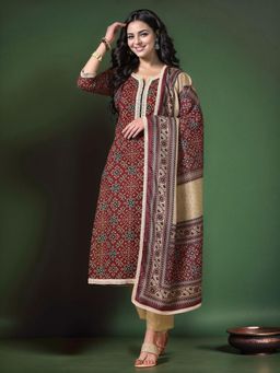 Gahan - Maroon Screen-Printed Pure Cotton Straight Kurta & Pant with Dupatta