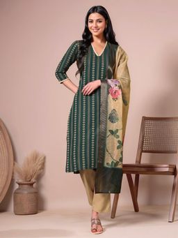 Gahan - Bottle Green Handloom Pure Cotton Straight Kurta & Pant with Dupatta