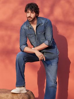 CRIMSOUNE CLUB - Mens Navy Blue 100% Cotton Denim Shirt