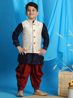 Vastramay - Boys Navy Blue Jacket With Kurta & Dhoti (Set of 3)